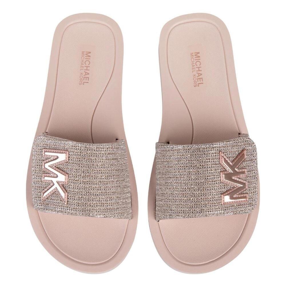 Michael Kors Womens MK Slide Glitter Platform Sandal Flip Flops 8 White Gold NEW